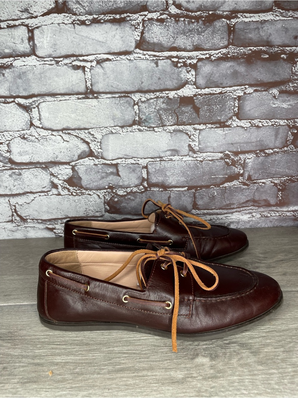 J. Crew Dark Brown Leather Lace Up Almond Toe Boat Shoes Women sz 9M US/40EU